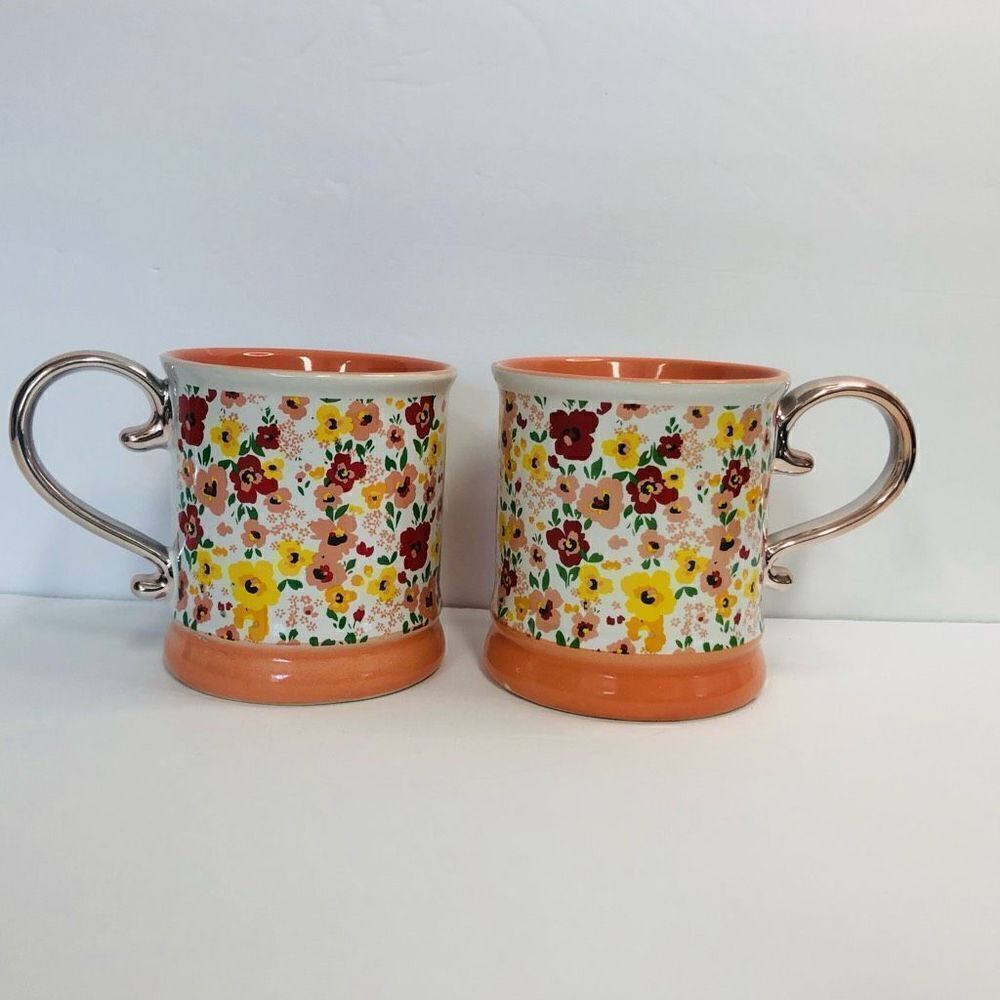Orly Maison Floral Coffee Mug Set of‎ 2 Rose Gold Scroll Handle Orange White 4in